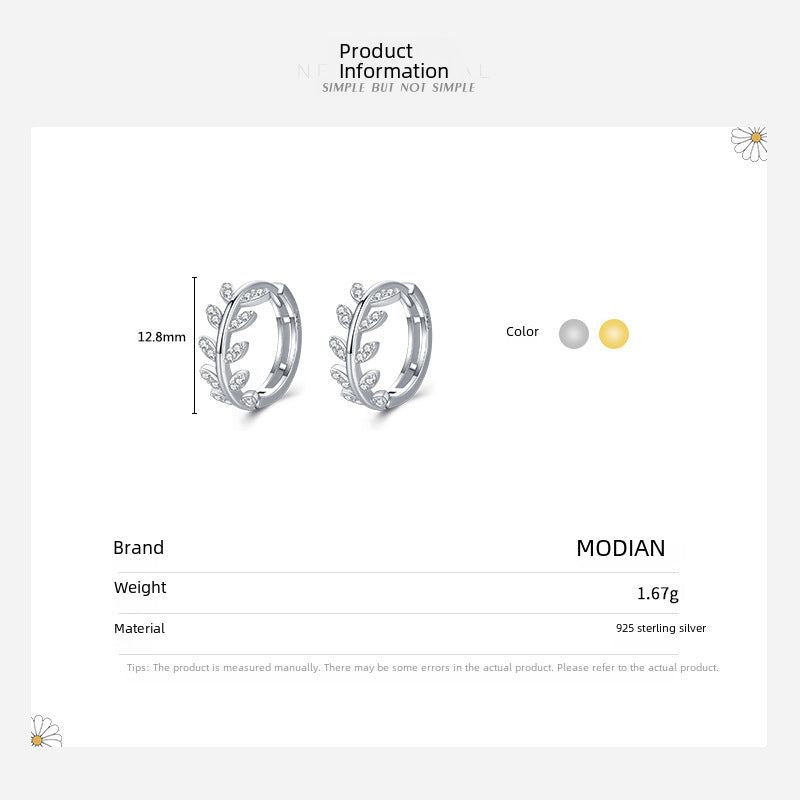 Wholesale Sterling Silver Ear Buckle Ear Ring Internet Celebrity Super Fairy Temperament Diamond Tree Leaf Earrings